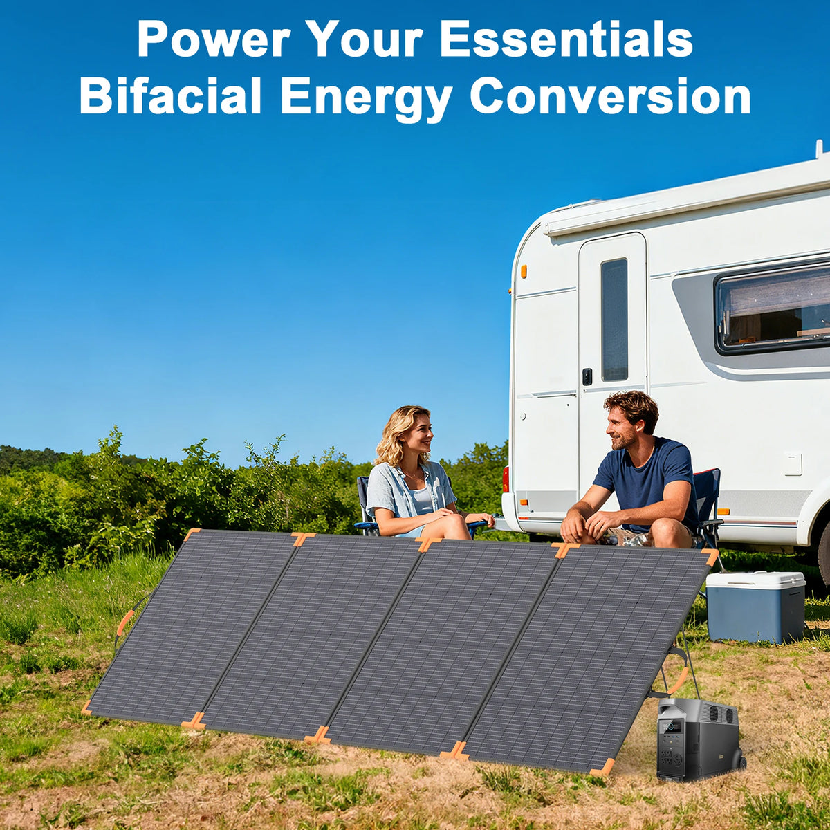 MHPOWOS 400W Bifacial Portable Solar Panel 33V Lightweight Foldable Solar Charger for Power Station IP68 Waterproof High Efficiency With Adjustable Kickstands for Camping RVs Home Backup