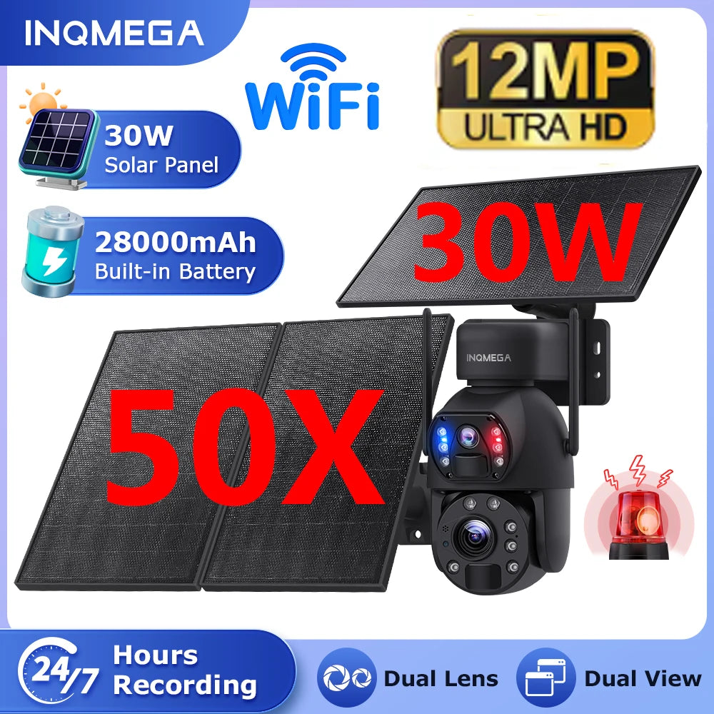 INQMEGA 30W 4G SIM Solar Panel Camera 12MP 50X ZOOM Solar Cameras 28000mAh Battery Camera Outdoor Dual Lens RecordingHumanoid 
