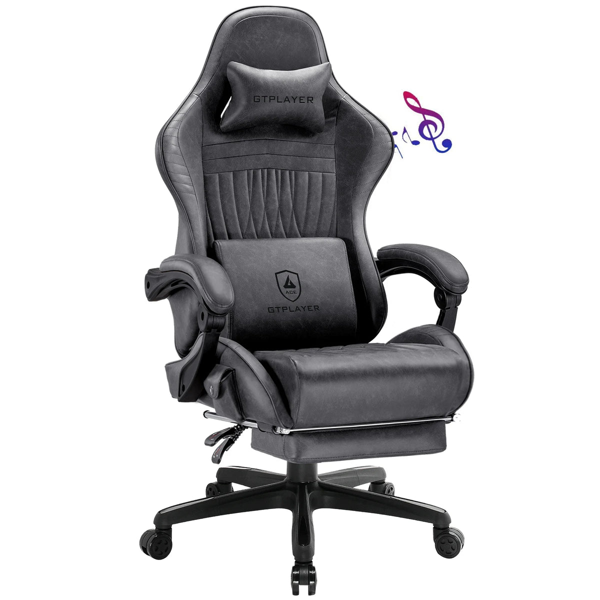GTPLAYER Gaming Chair Adjustable Ergonomic Faux Leather Swiveling PC & Racing Game Chair with Built-in Speakers,Footrest