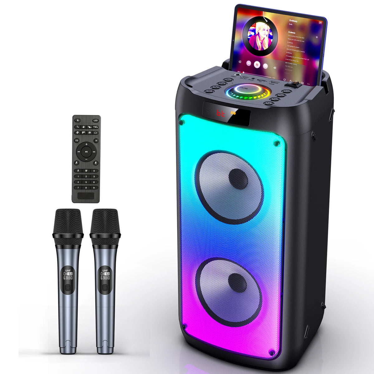 Wireless Bluetooth Speaker, Karaoke Machine with 2 Microphone, Home Karaoke Party Speaker with LED Light