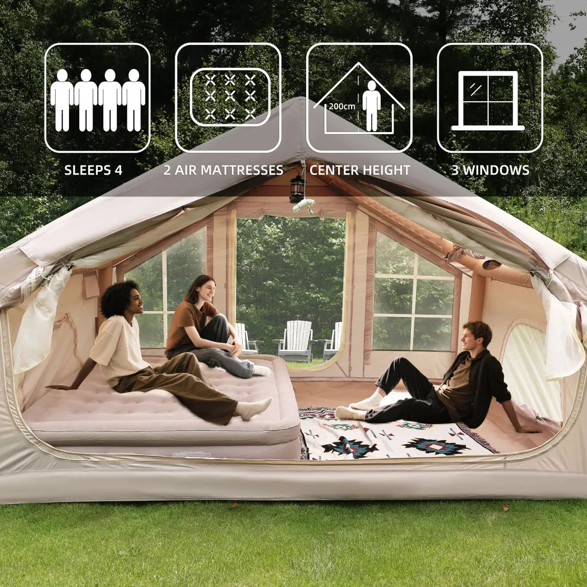 6.3m ² Inflatable Camping Tent with canopy , 4 Season Waterproof Windproof, Clear Skylight & 420D Oxford Waterproof, Air Tent with Mesh Windows/Doors   WL