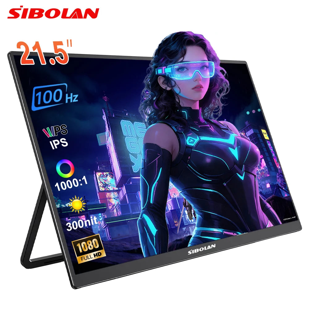 Sibolan 21.5 inch Portable Monitor IPS 1080P 100Hz USB-C HDMI Built-in Stand Laptop Display Extender For Mac Win XBOX PS5 Gaming