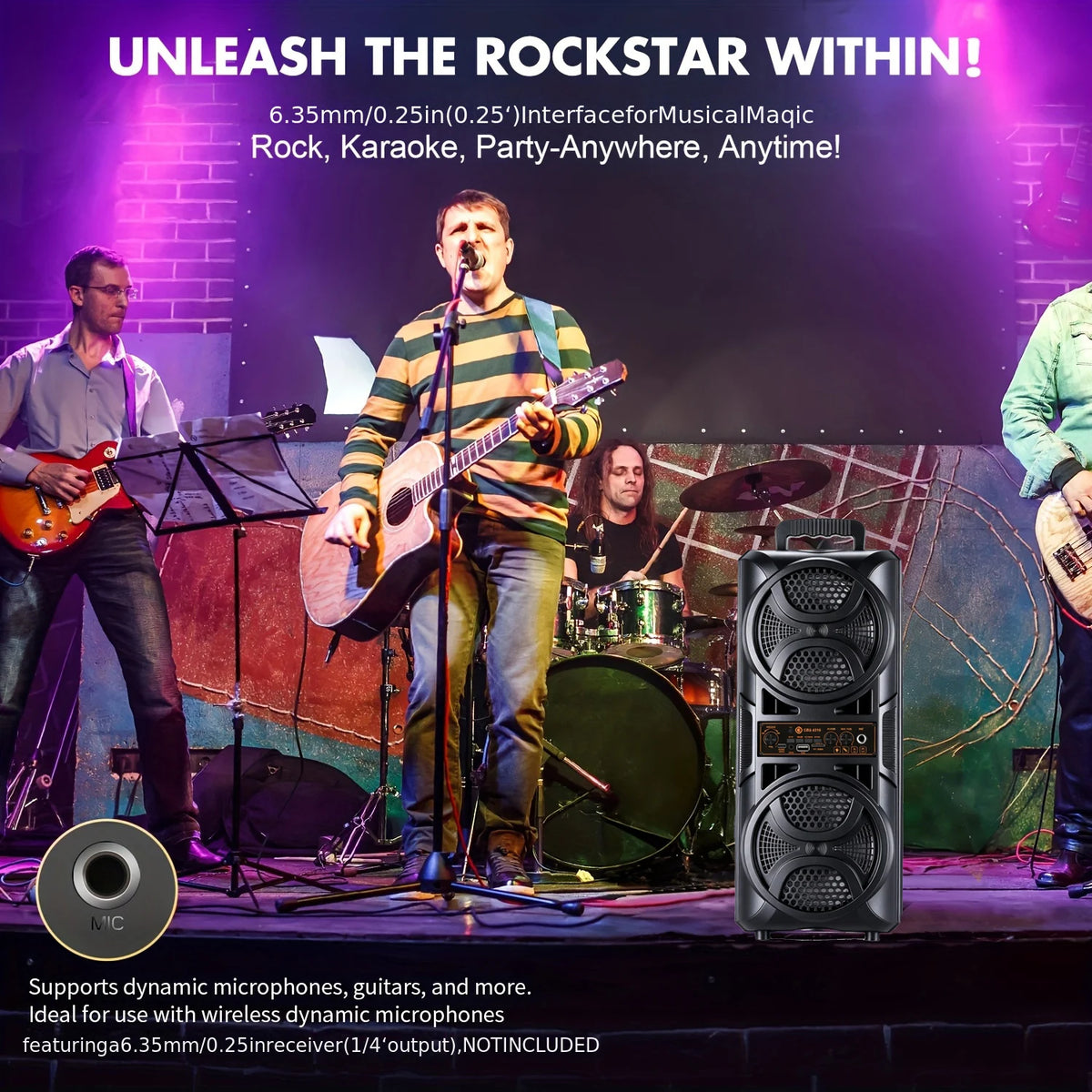 Portable Bluetooth Party Box Speaker Dual 6.5‑Inch Subwoofer Heavy Bass Boombox with Wired Microphone, Support 6.35mm Mic AUX TF Card USB FM Radio for Outdoor Camping Home Karaoke Party