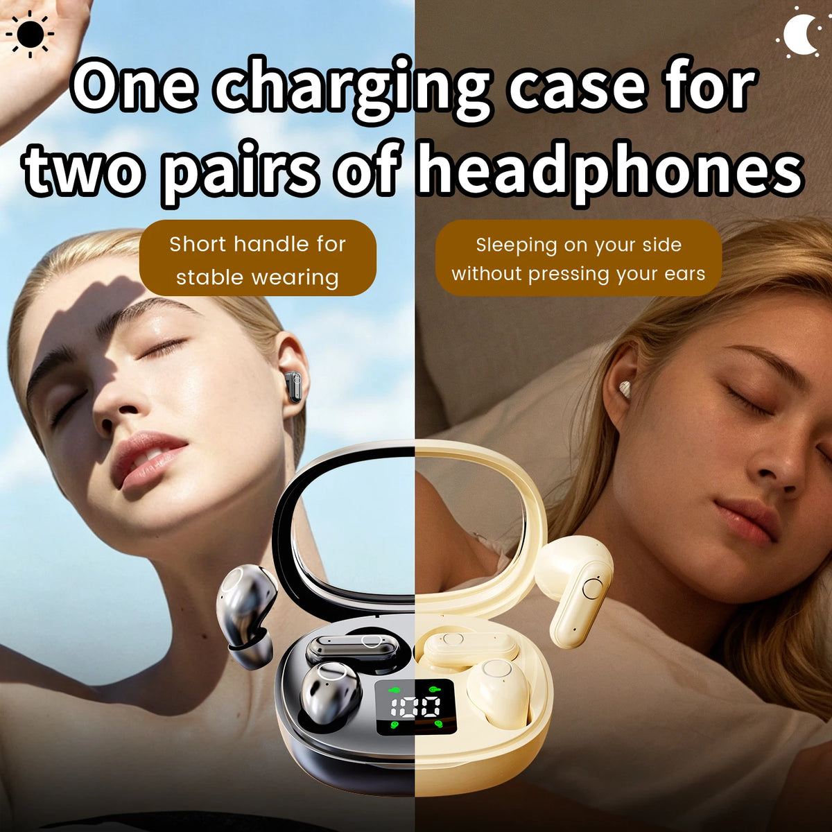 INSONIXN 2in1 Wireless Bluetooth Earbuds, Mini Invisible Sleep Earphones, Sports Noise Cancelling Ear buds Comfortable To Wear, Low Bass Sound Effect HIFI Music, For Leisure, Office, And Classroom, Long Battery Life, Suitable