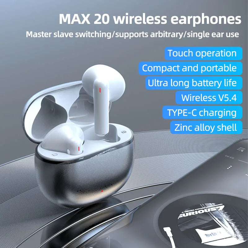 MAX 20 Wireless Bluetooth 5.4 Earphones Zinc Alloy Shell Touch Control TWS Earbuds Type-C Charging Single Ear Use Sports Headphones