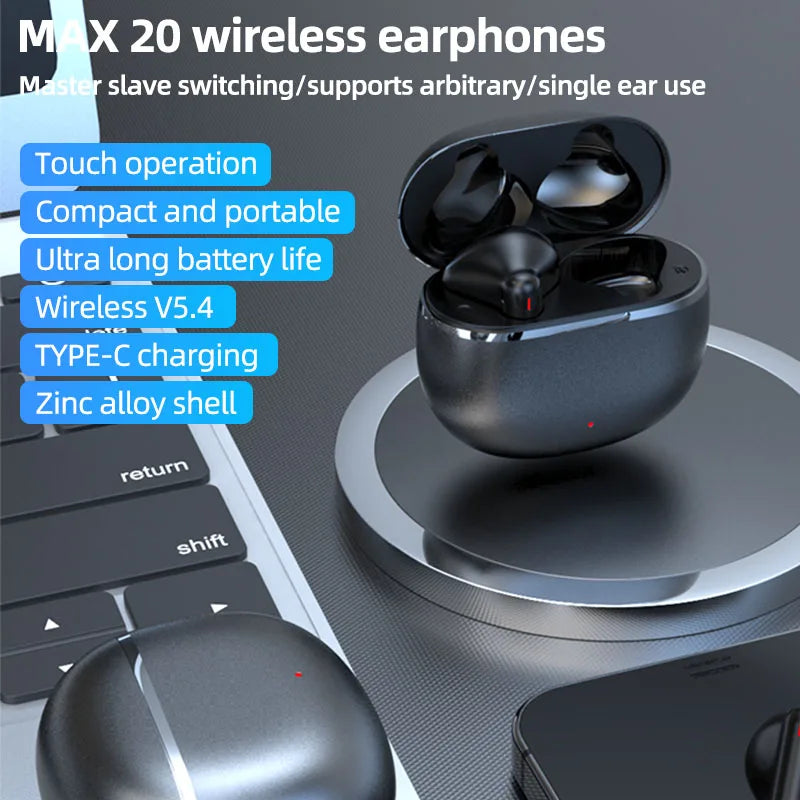 MAX 20 Wireless Bluetooth 5.4 Earphones Zinc Alloy Shell Touch Control TWS Earbuds Type-C Charging Single Ear Use Sports Headphones