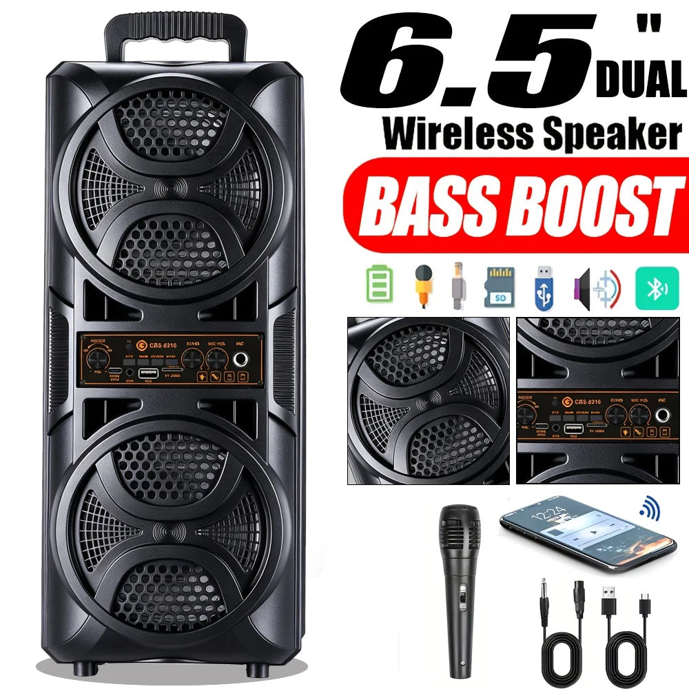 Portable Bluetooth Party Box Speaker Dual 6.5‑Inch Subwoofer Heavy Bass Boombox with Wired Microphone, Support 6.35mm Mic AUX TF Card USB FM Radio for Outdoor Camping Home Karaoke Party