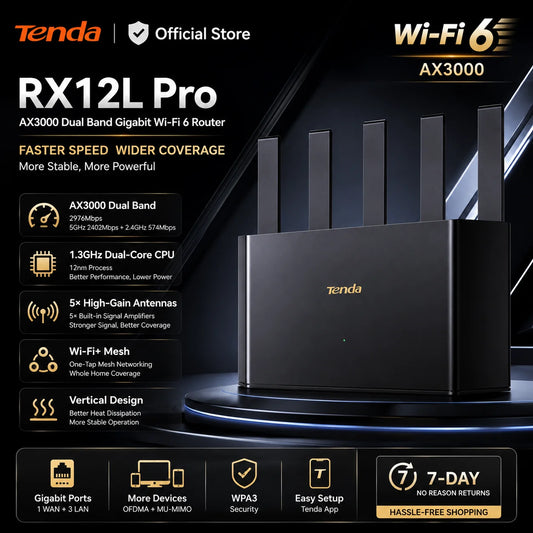 Tenda RX12L Pro AX3000 WiFi 6 Router Dual Band Gigabit Wireless Router 2976Mbps Mesh Router 1.3GHz Dual Core CPU 5 Antennas