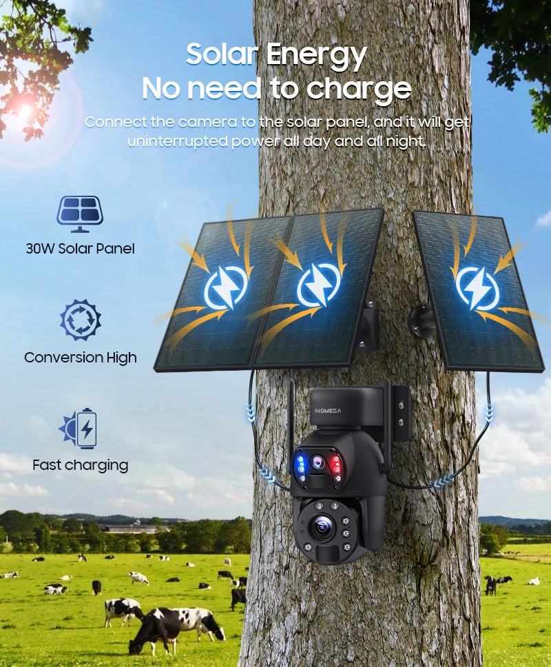 INQMEGA 30W 4G SIM Solar Panel Camera 12MP 50X ZOOM Solar Cameras 28000mAh Battery Camera Outdoor Dual Lens RecordingHumanoid ﻿