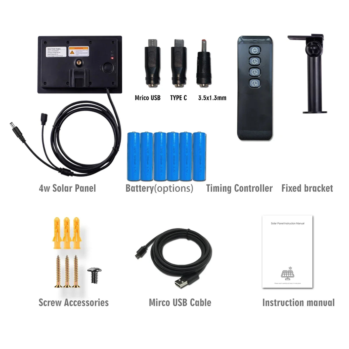 4W Solar Panel Install 18650 Battery Micro USB & TypeC 5V Output Solar Cells Remote Control Timer for Camera Or Router Charging