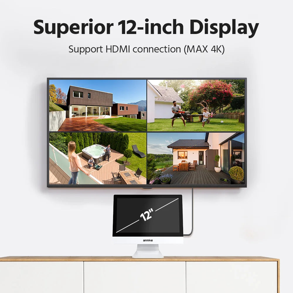 ANNKE 4MP Solar Powered Wireless Security Camera System 12" LCD Screen NVR WiFi 6 Outdoor IP65 Two-Way Audio Human Detection