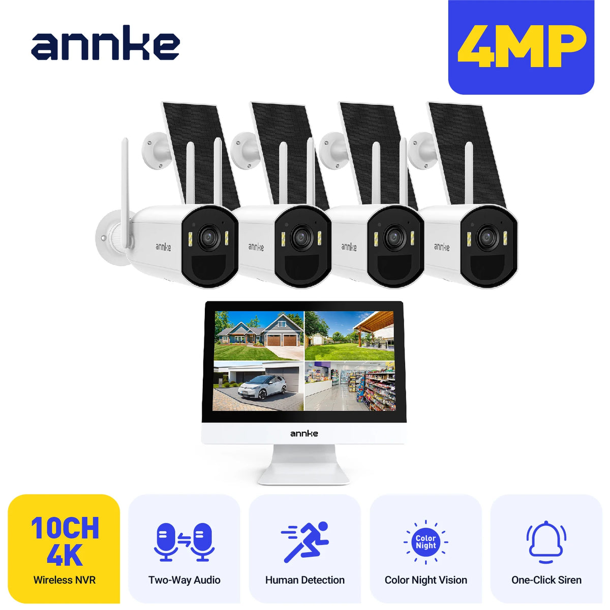 ANNKE 4MP Solar Powered Wireless Security Camera System 12" LCD Screen NVR WiFi 6 Outdoor IP65 Two-Way Audio Human Detection