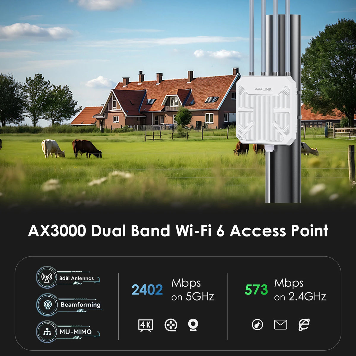 WAVLINK AX3000 Outdoor Wifi Router IP67 Weatherproof WIFI 6 Long Range Signal Extender 2.4G 5G Dual Dand Wireless Wifi Repeater