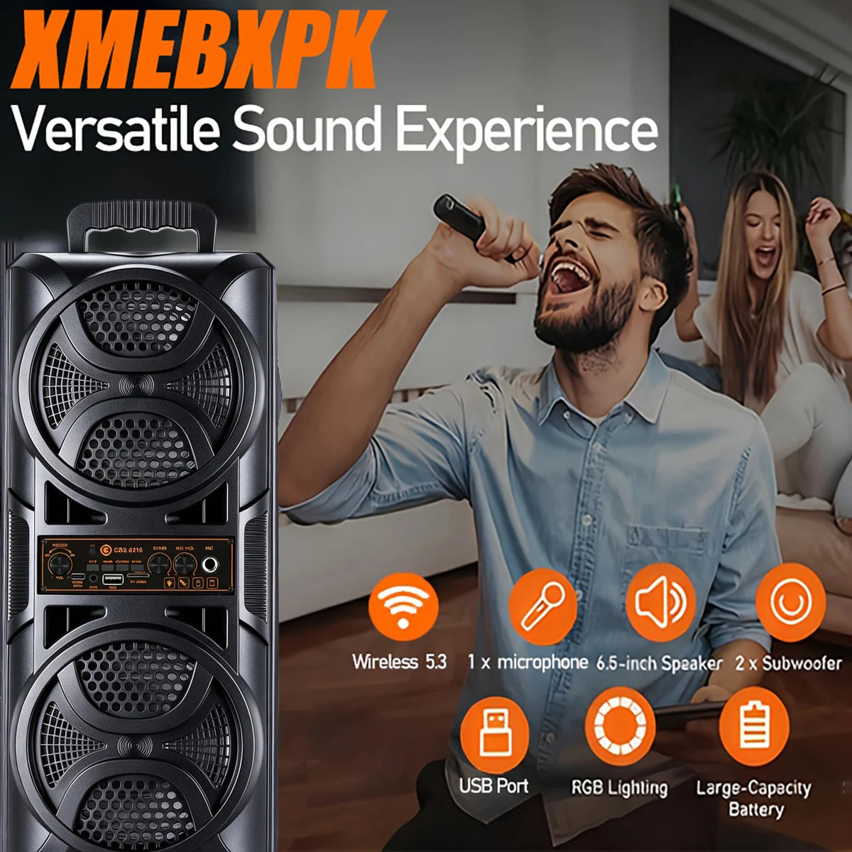 Portable Bluetooth Party Box Speaker Dual 6.5‑Inch Subwoofer Heavy Bass Boombox with Wired Microphone, Support 6.35mm Mic AUX TF Card USB FM Radio for Outdoor Camping Home Karaoke Party
