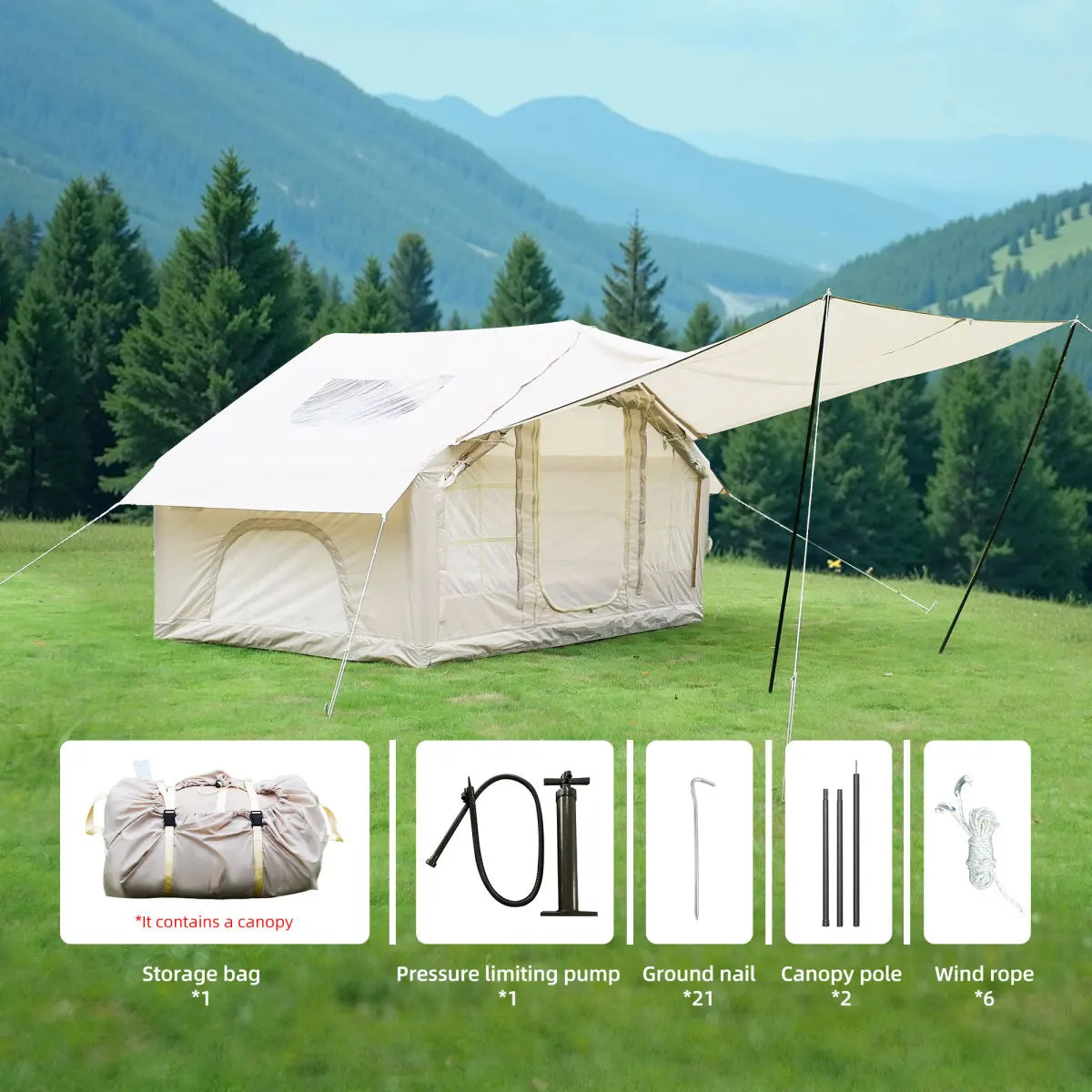 6.3m ² Inflatable Camping Tent with canopy , 4 Season Waterproof Windproof, Clear Skylight & 420D Oxford Waterproof, Air Tent with Mesh Windows/Doors   WL
