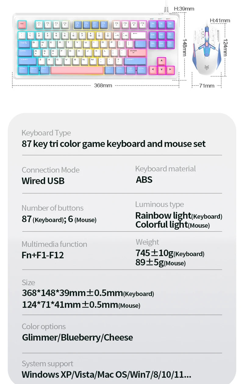 Keyboard Mouse Spanish Russian Arabic Korean Keyboard 80% Layout USB Wired 87 Keys Rainbow Lighting Ergonomics Design K60 Gaming