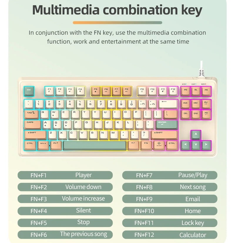 Keyboard Mouse Spanish Russian Arabic Korean Keyboard 80% Layout USB Wired 87 Keys Rainbow Lighting Ergonomics Design K60 Gaming