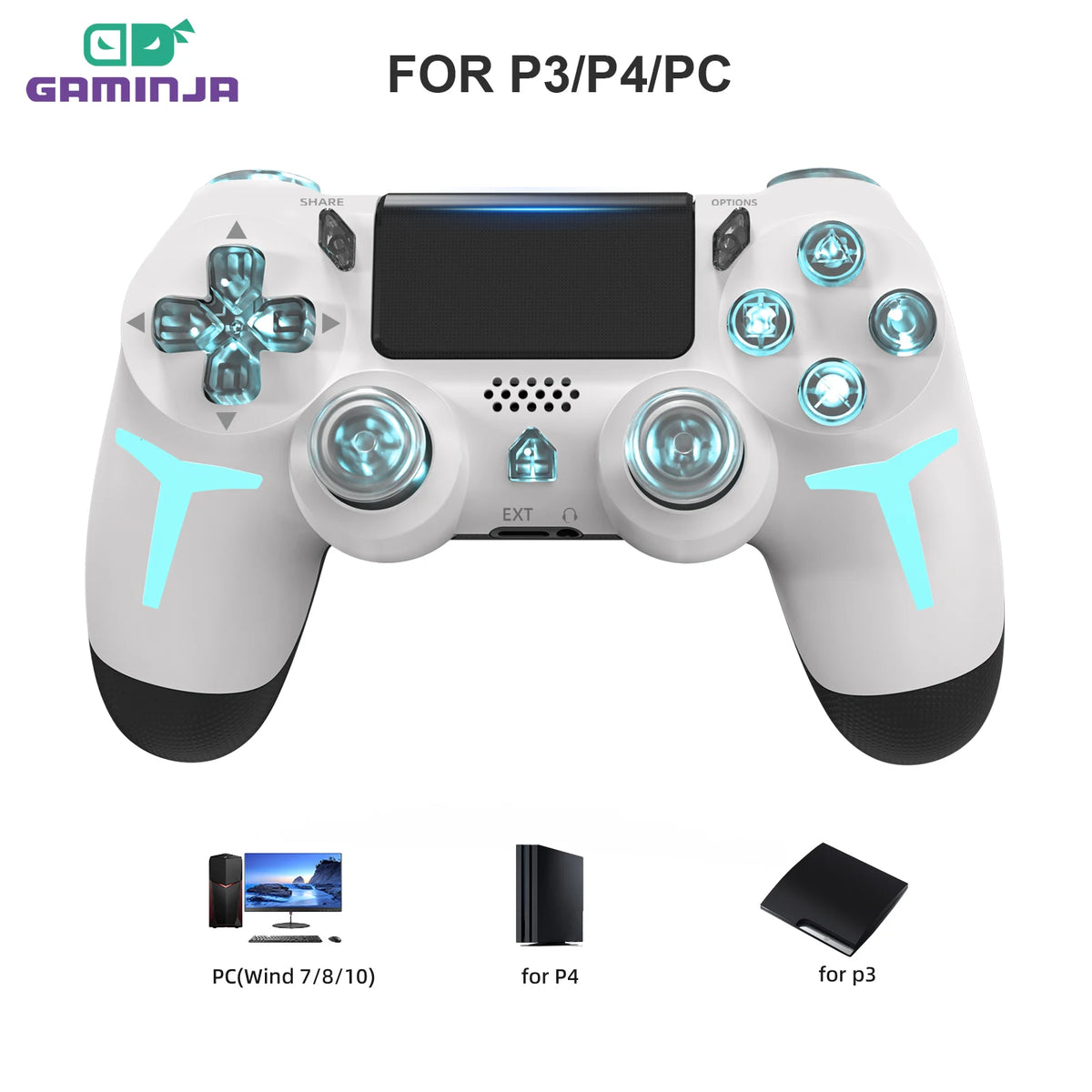 GAMINJA Wireless Game Controller For PS4 PS3 Console Computer PC RGB Light LED Bluetooth Gamepad 6-axis Gyroscope Dual Vibration