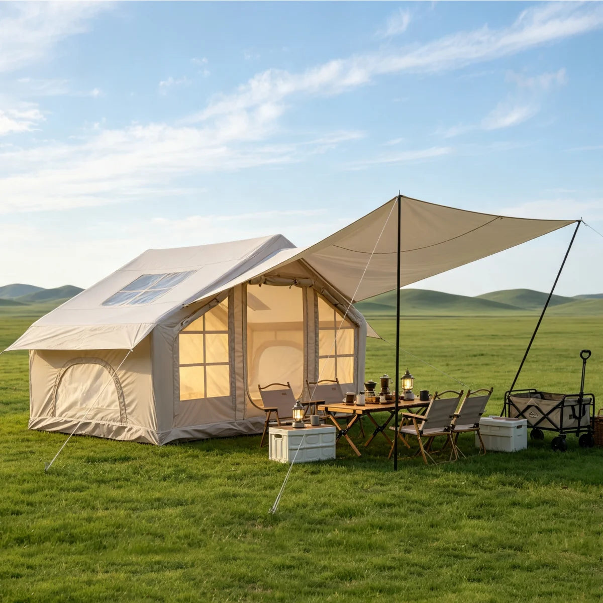 6.3m ² Inflatable Camping Tent with canopy , 4 Season Waterproof Windproof, Clear Skylight & 420D Oxford Waterproof, Air Tent with Mesh Windows/Doors   WL