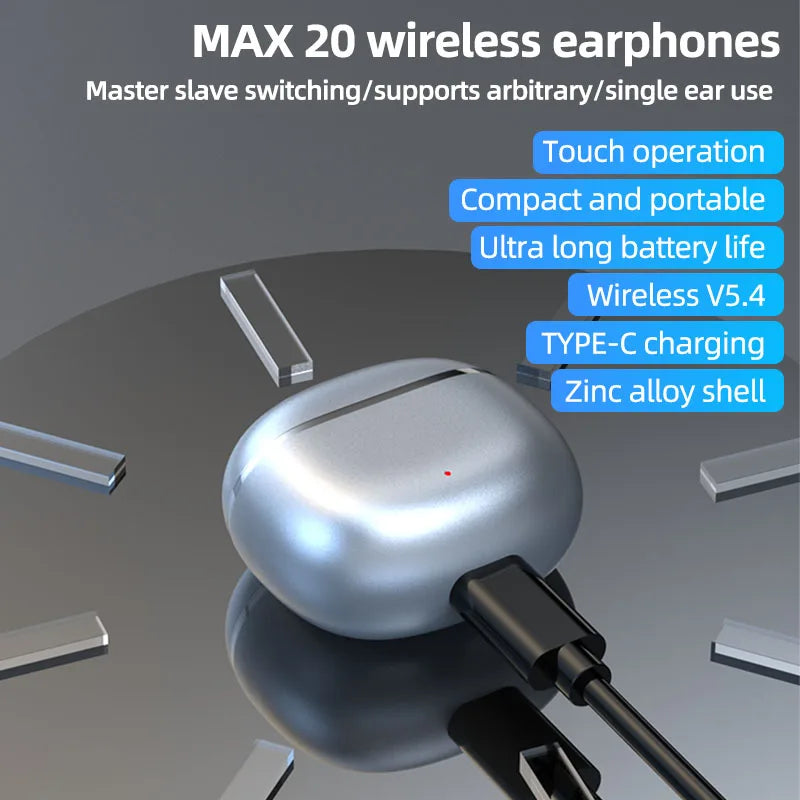 MAX 20 Wireless Bluetooth 5.4 Earphones Zinc Alloy Shell Touch Control TWS Earbuds Type-C Charging Single Ear Use Sports Headphones