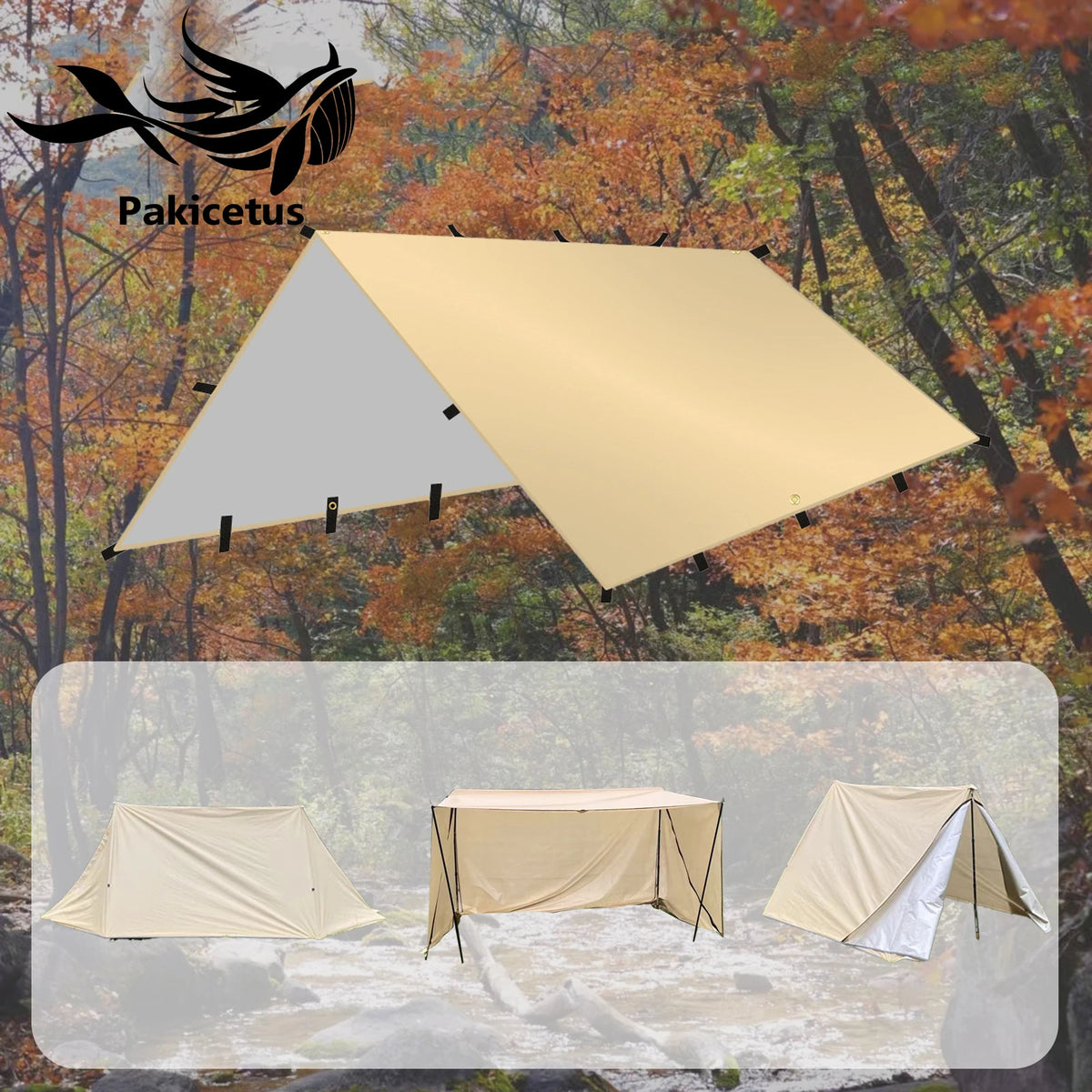 PAKICETUS Camping Tarp with Poles, Extra Large Lightweight UV Resistant Hammock Canopy Sunscreen Shelter, Tent Stakes Included for Beach Picnic Outdoor Camping Activities