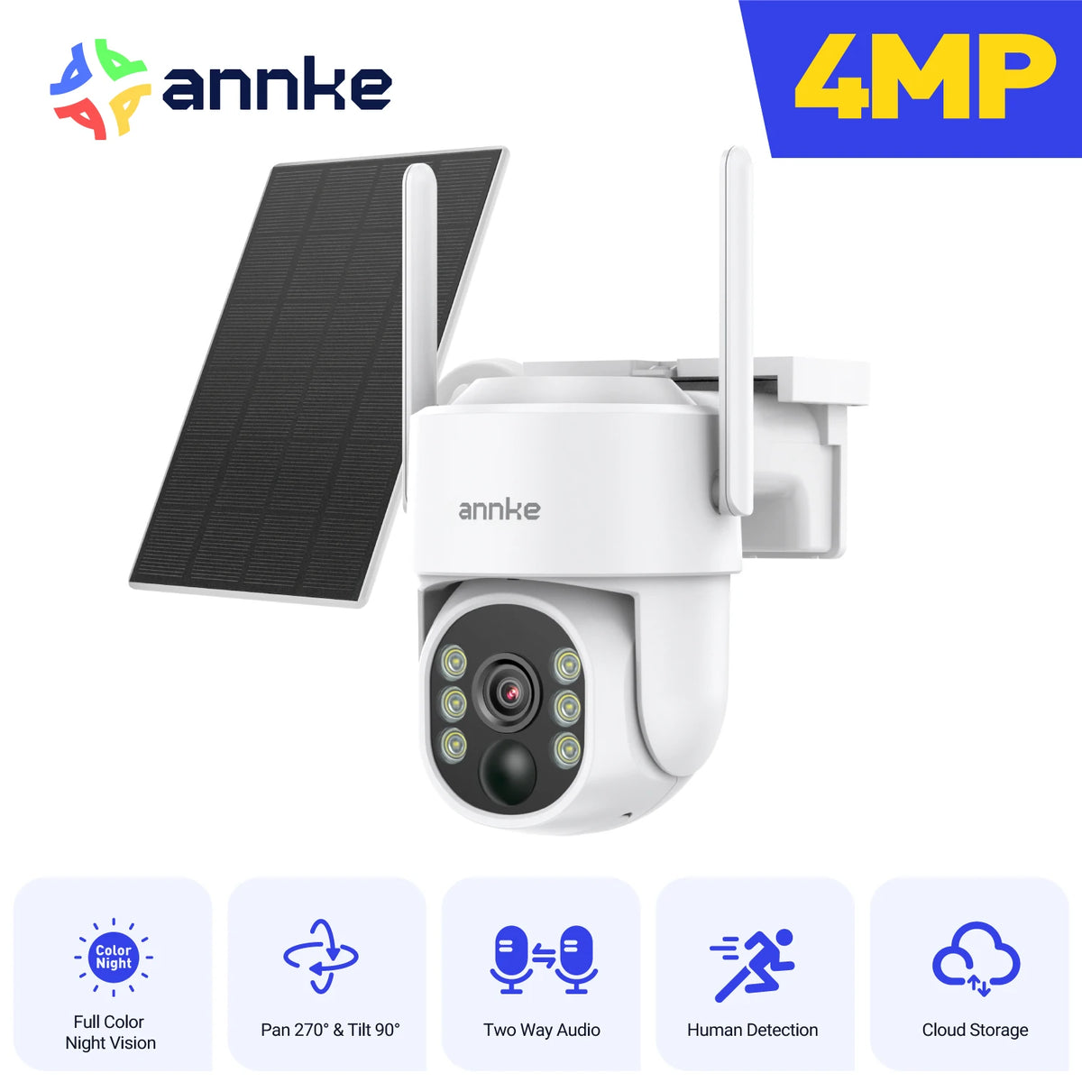 ANNKE 4MP Solar Battery Powered Wireless Security Camera 4MP Color Night Vision 2.4Ghz WiFi PIR Motion Outdoor IP Camera