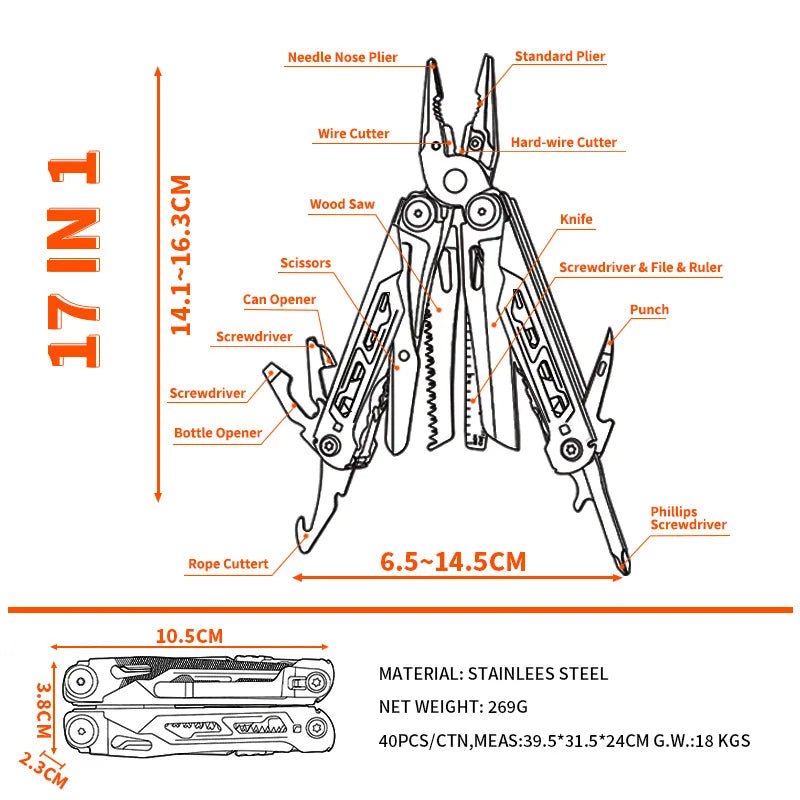 17 In 1 Mini Folding EDC Multitool Screwdriver Pliers File Ruler Foldable Plier Multi Functional Tool Outdoor Hand Tool Set