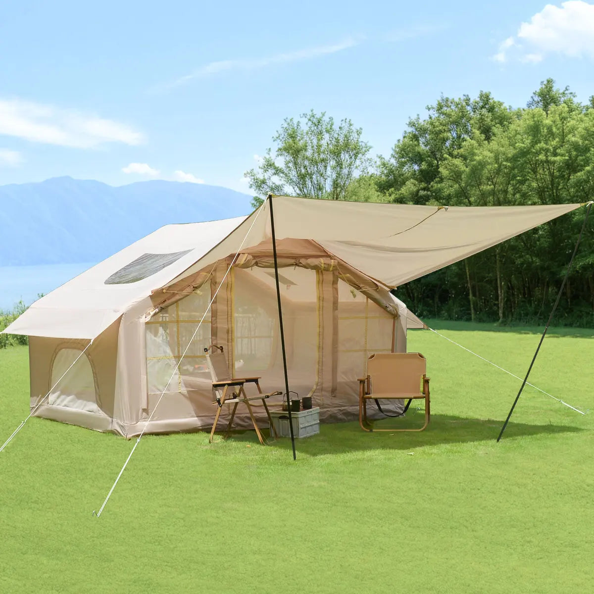 6.3m ² Inflatable Camping Tent with canopy , 4 Season Waterproof Windproof, Clear Skylight & 420D Oxford Waterproof, Air Tent with Mesh Windows/Doors   WL