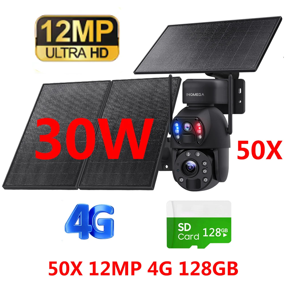 INQMEGA 30W 4G SIM Solar Panel Camera 12MP 50X ZOOM Solar Cameras 28000mAh Battery Camera Outdoor Dual Lens RecordingHumanoid ﻿