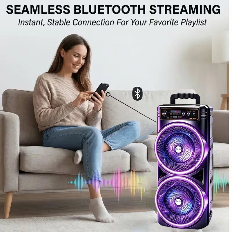 Professional‑Grade Portable Bluetooth Speaker, Dual‑Driver with Dynamic RGB LED Lights, TWS Wireless Stereo Interconnection, Supports Bluetooth, USB Drive, TF Card, Microphone and FM Radio, Compact Outdoor Speaker for Par