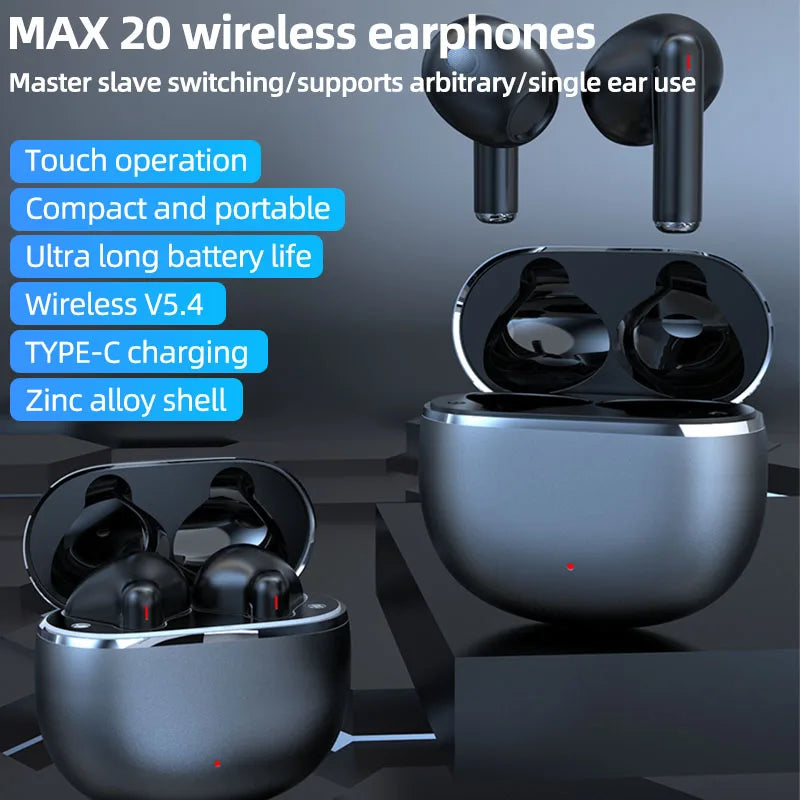 MAX 20 Wireless Bluetooth 5.4 Earphones Zinc Alloy Shell Touch Control TWS Earbuds Type-C Charging Single Ear Use Sports Headphones
