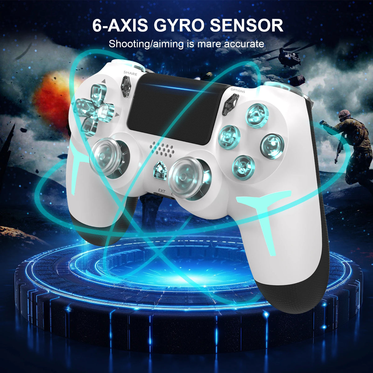 GAMINJA Wireless Game Controller For PS4 PS3 Console Computer PC RGB Light LED Bluetooth Gamepad 6-axis Gyroscope Dual Vibration