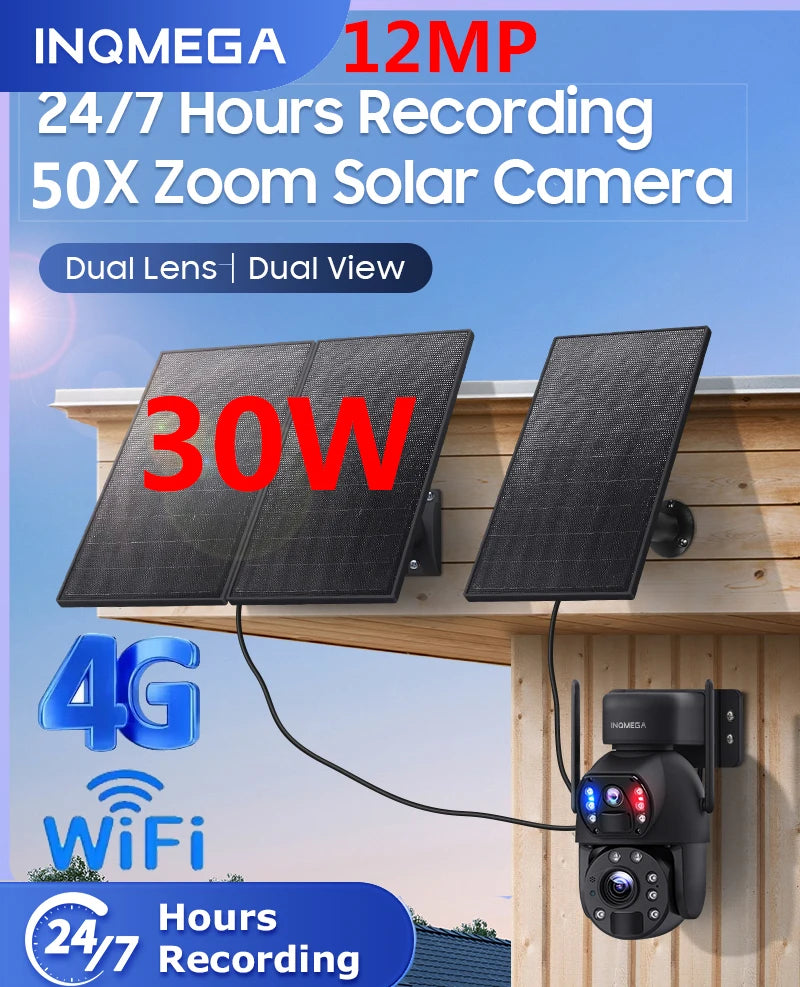 INQMEGA 30W 4G SIM Solar Panel Camera 12MP 50X ZOOM Solar Cameras 28000mAh Battery Camera Outdoor Dual Lens RecordingHumanoid ﻿